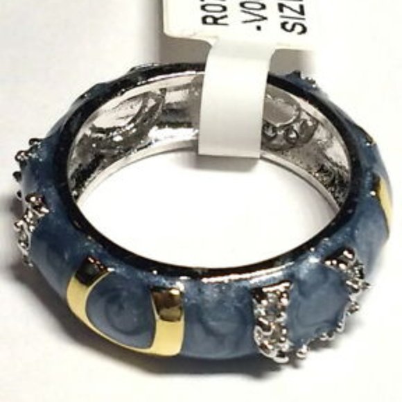 Silver Gold Blue Enamel Ring Band Size 9 Eternity Rhodium Plated Cubic Zirconia - Picture 7 of 8